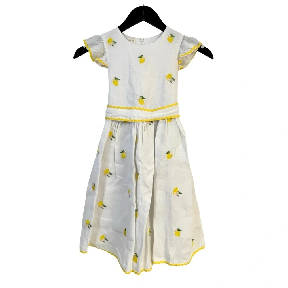 Sorci and Fofa Girls 6 Embroidered Lemon Flutter Sleeve Ric-Rac Linen Dress‎ - Picture 14 of 16